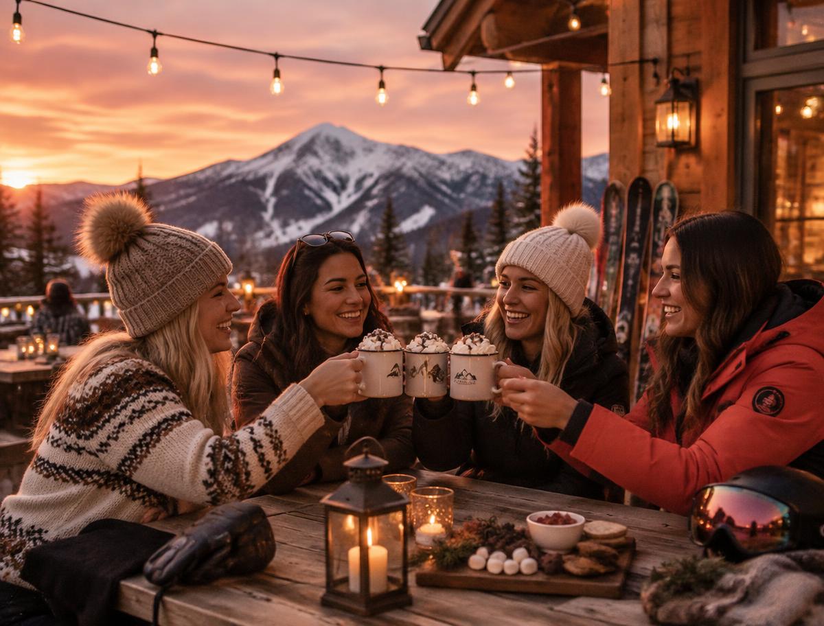 Friends toasting hot cocoa on a lodge deck at dusk